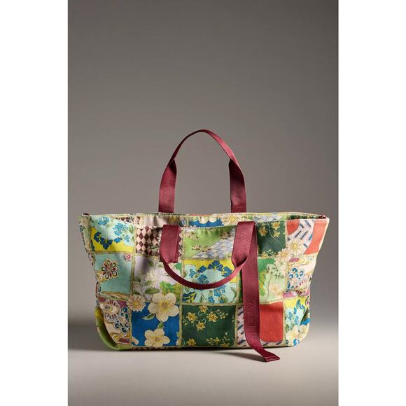 nwt ALEMAIS x ANTHROPOLOGIE Bianca Beach Tote in patchwork burgundy - Picture 2 of 4